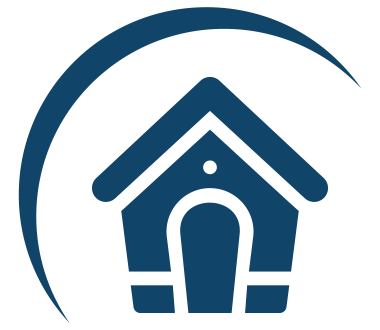 A simple blue outline of a house with a pointed roof and an arched entrance.