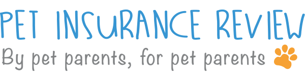 Text displaying "PET INSURANCE REVIEW" with a tagline "By pet parents, for pet parents" and a paw print icon.